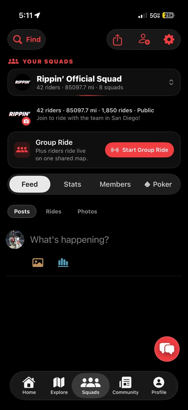 Rippin' Squads screen: your squad, a Start Group Ride button, and tabs for the squad feed, stats, members and poker.