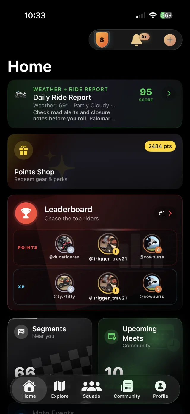 The Rippin' app Home screen: daily ride report, Points Shop, and the rider leaderboard