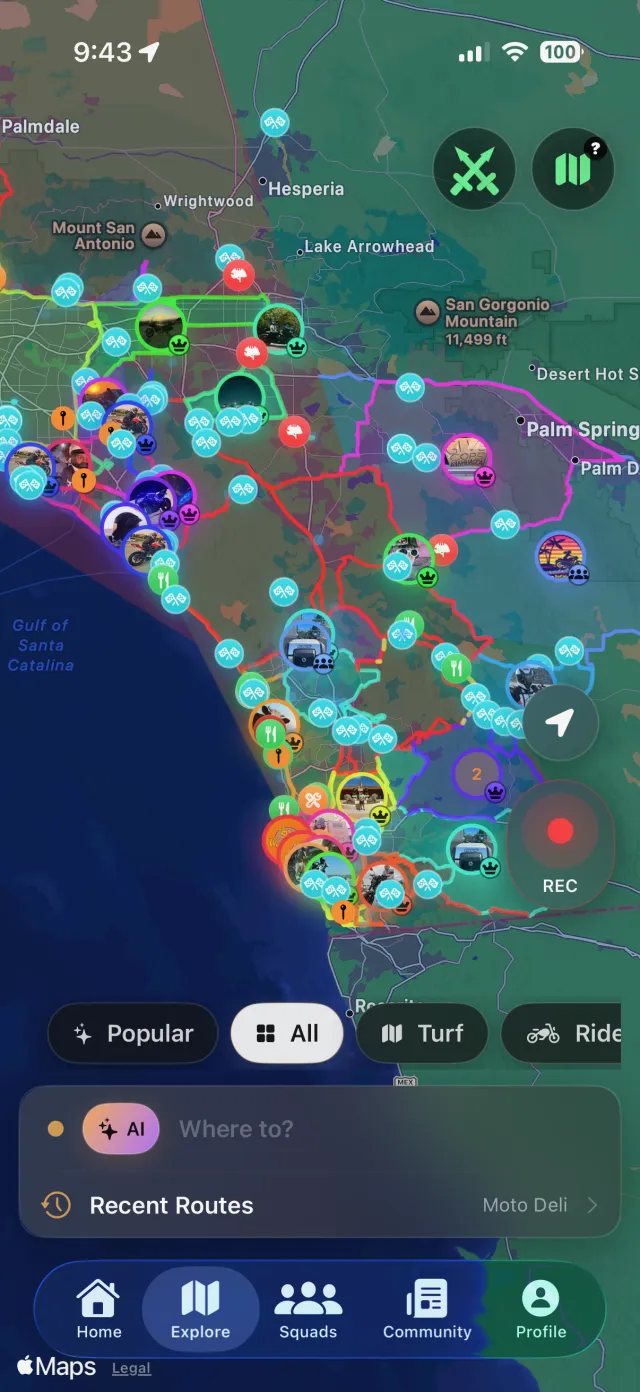 Rippin' Explore map showing segments, turf, and local roads.