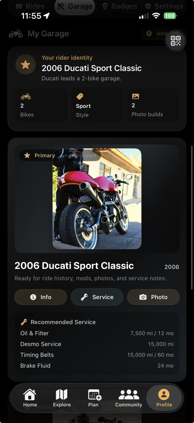 Rippin' Garage screen with bikes, rides, stats, and badges.