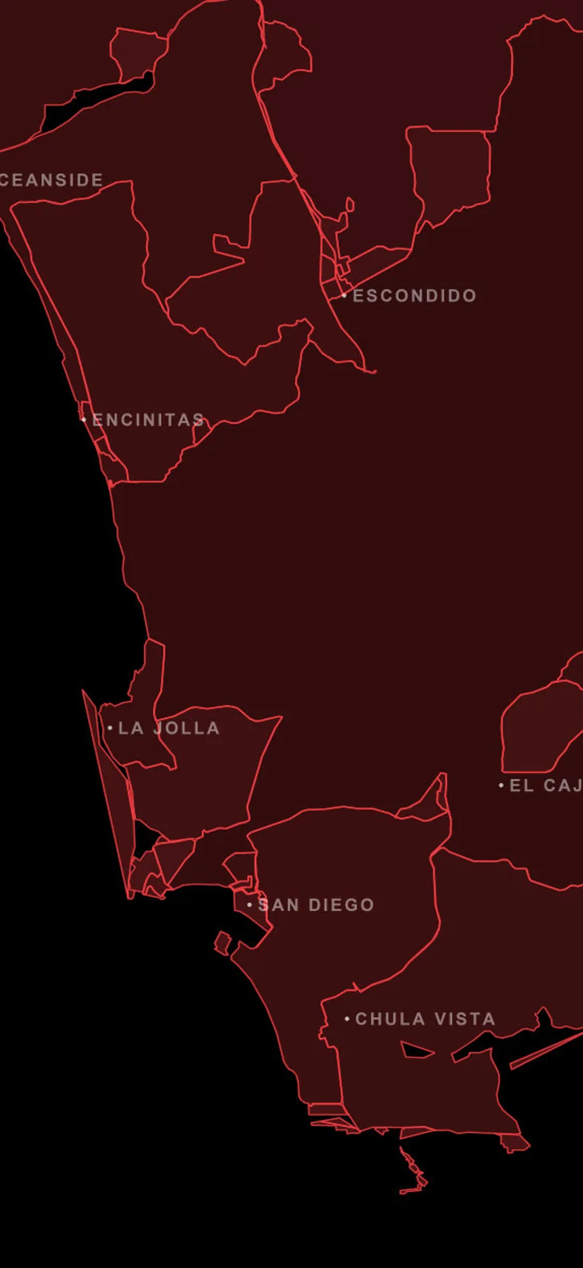 Turf claimed by Rippin' riders across San Diego, each red shape a loop someone rode.