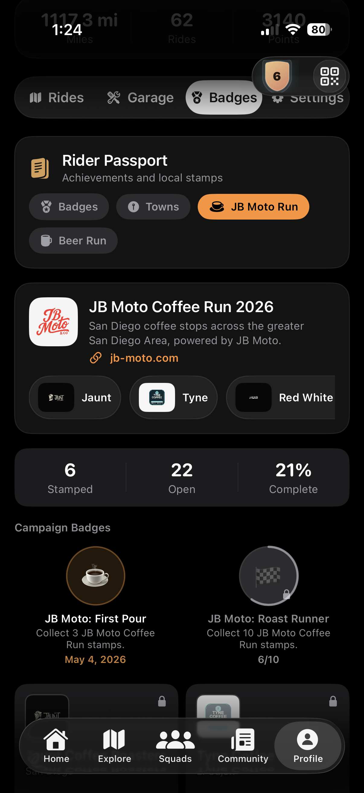 Rippin' Rider Passport screen showing the JB Moto Coffee Run passport, coffee stops, stamps, and local campaign badges.