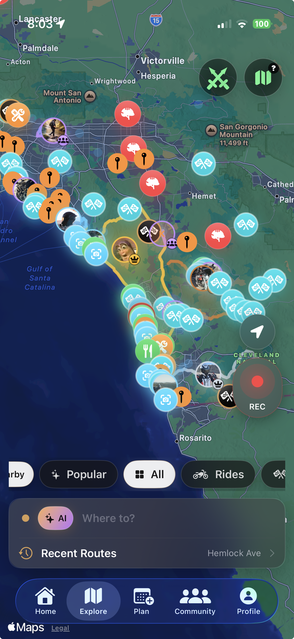 Rippin app explore view showing real rider routes on the map