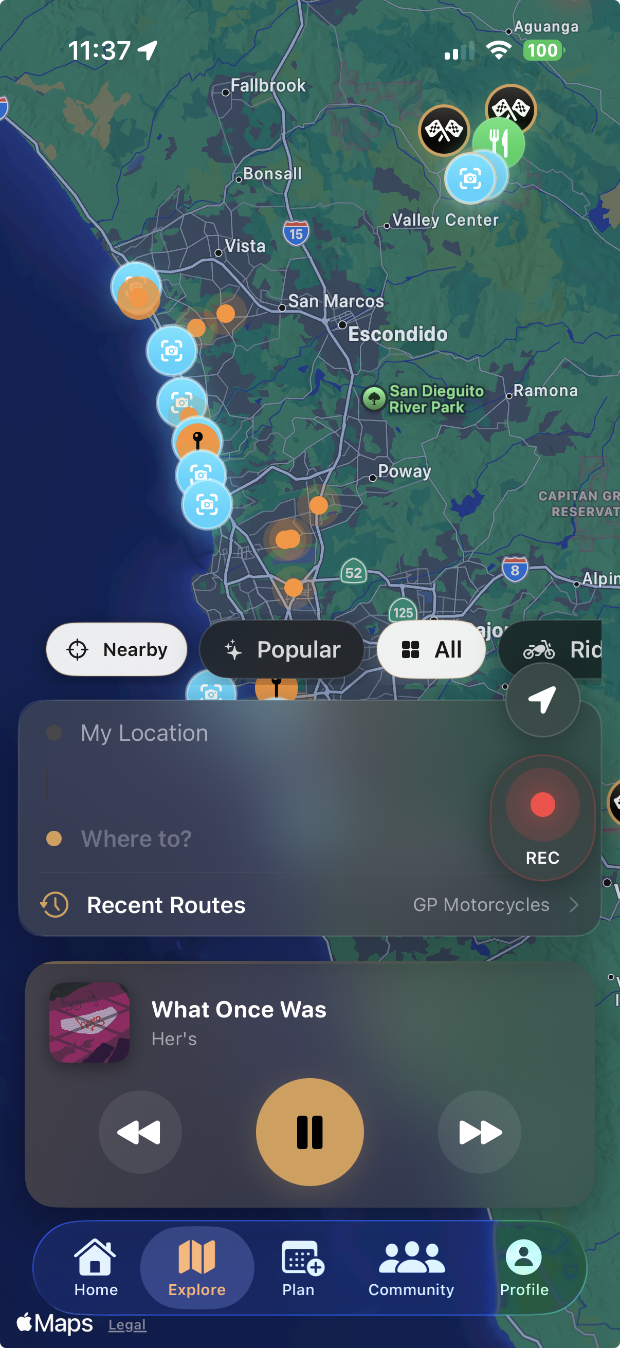 Rippin Explore screen with rider destinations and local discovery.