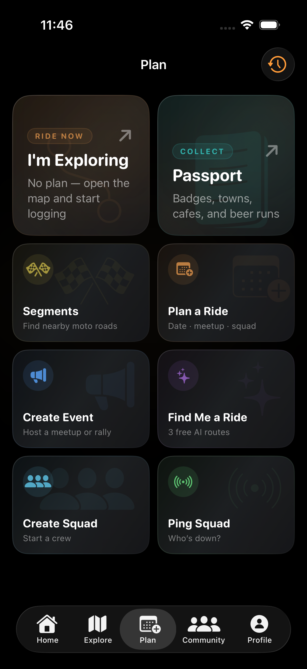 Rippin Plan screen with ride tools, route ideas, and squad pings.