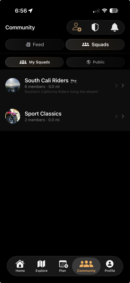 Rippin' Squads screen showing personal squads, public squads, and the Sport Classics crew.
