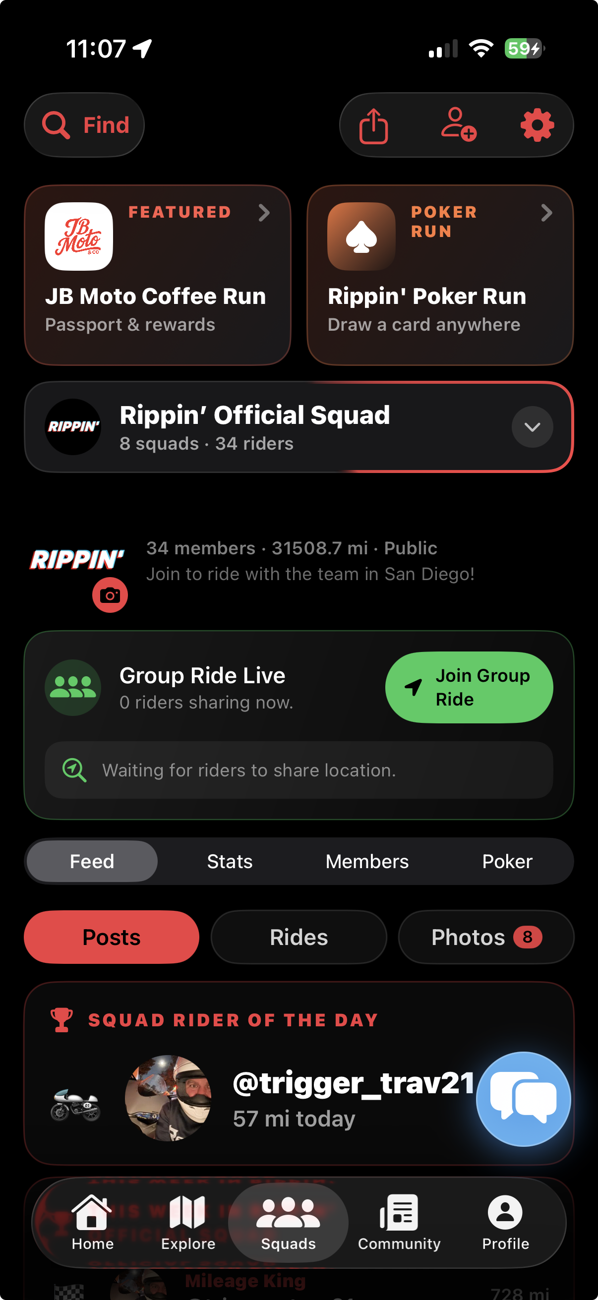 Rippin' Squads screen showing the official squad, live ride actions, chat, events, and planned rides.